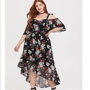 Torrid Floral Hi-Lo Chiffon Cold Shoulder Maxi Dress Size 1